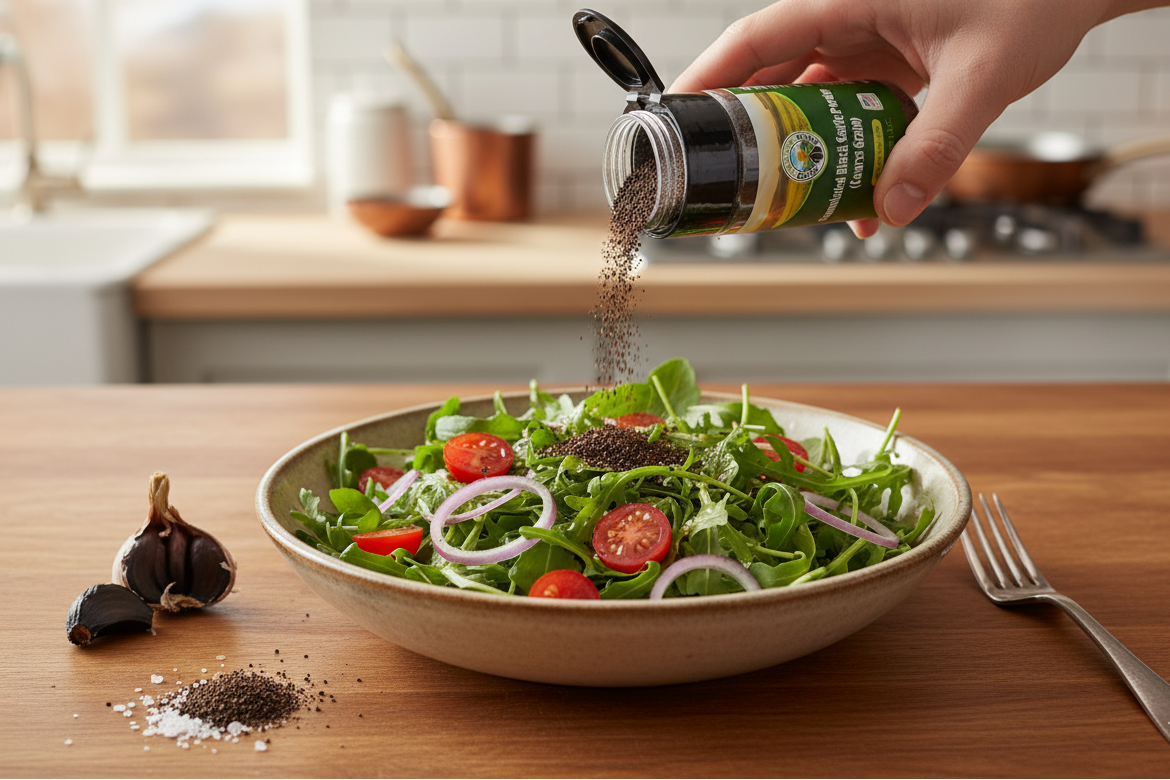 Black garlic powder seasoning for gourmet dishes