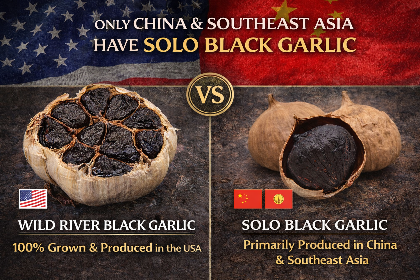 Close-up of aged black garlic bulb showing rich dark color