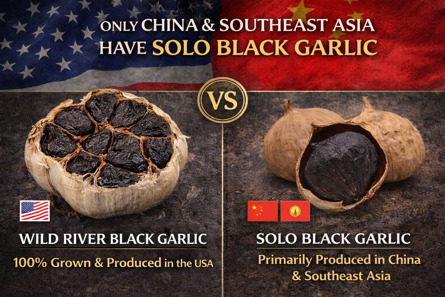 Close-up of aged black garlic bulb showing rich dark color
